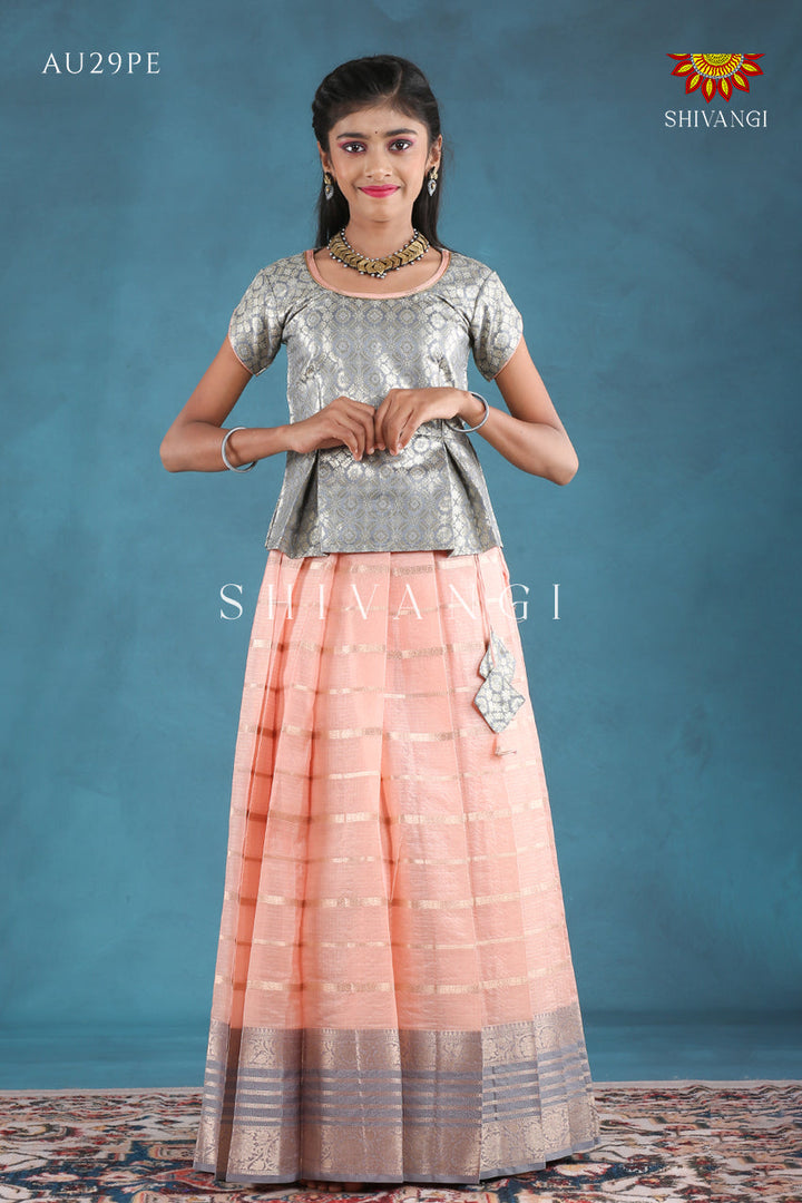 Peach Floral Line Pattu Pavadai For Girls !!!