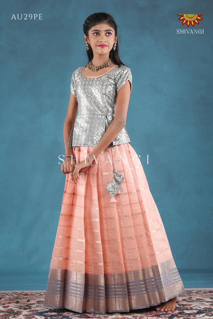 Peach Floral Line Pattu Pavadai For Girls !!!