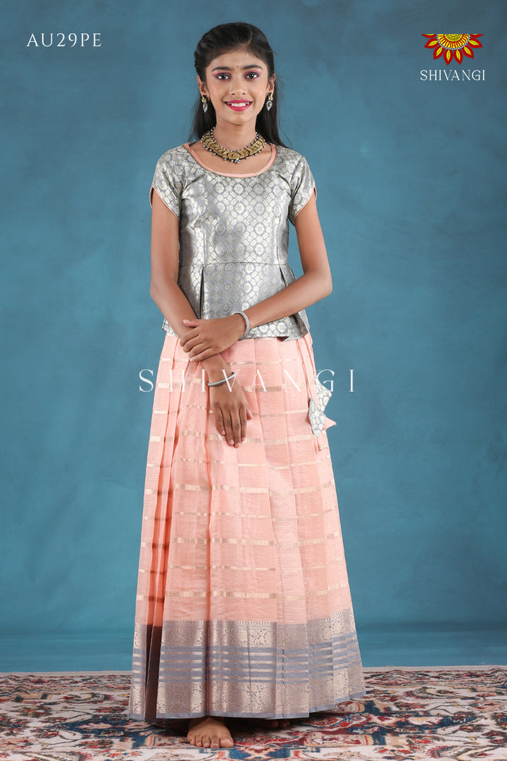 Peach Floral Line Pattu Pavadai For Girls !!!