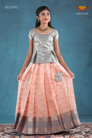 Peach Floral Line Pattu Pavadai For Girls !!!