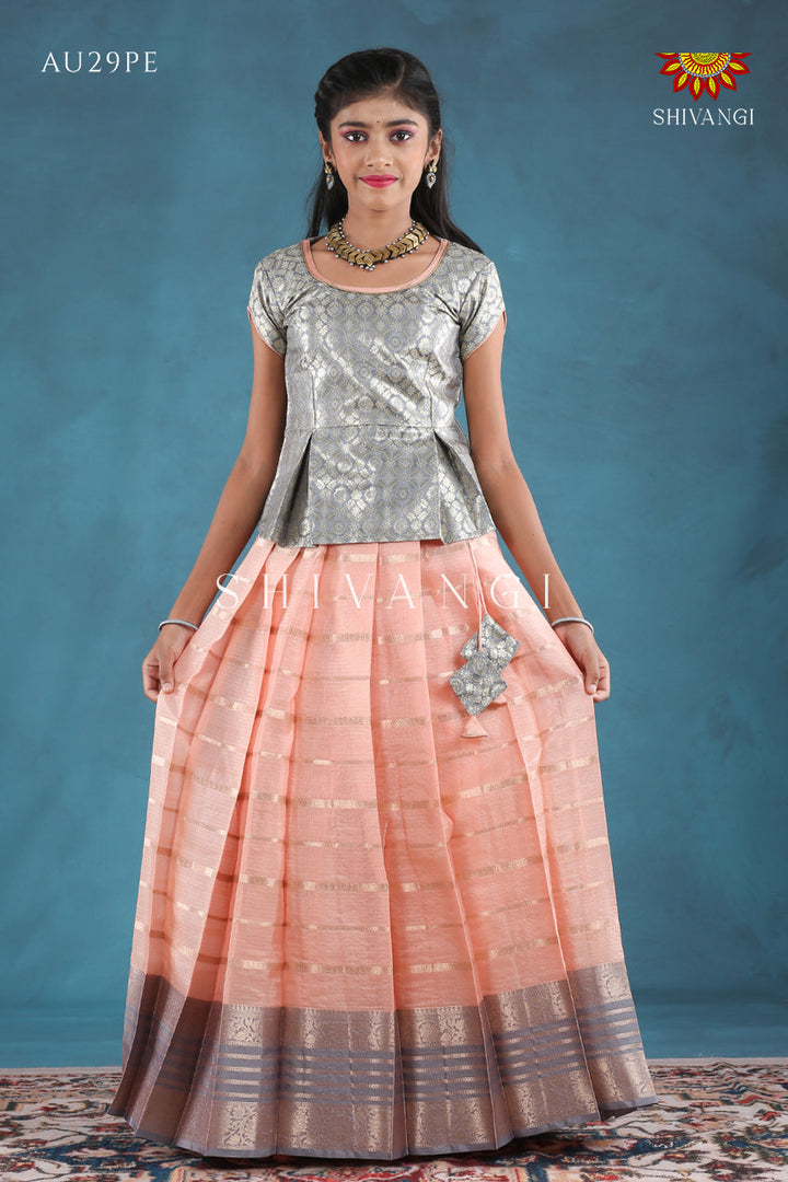 Peach Floral Line Pattu Pavadai For Girls !!!