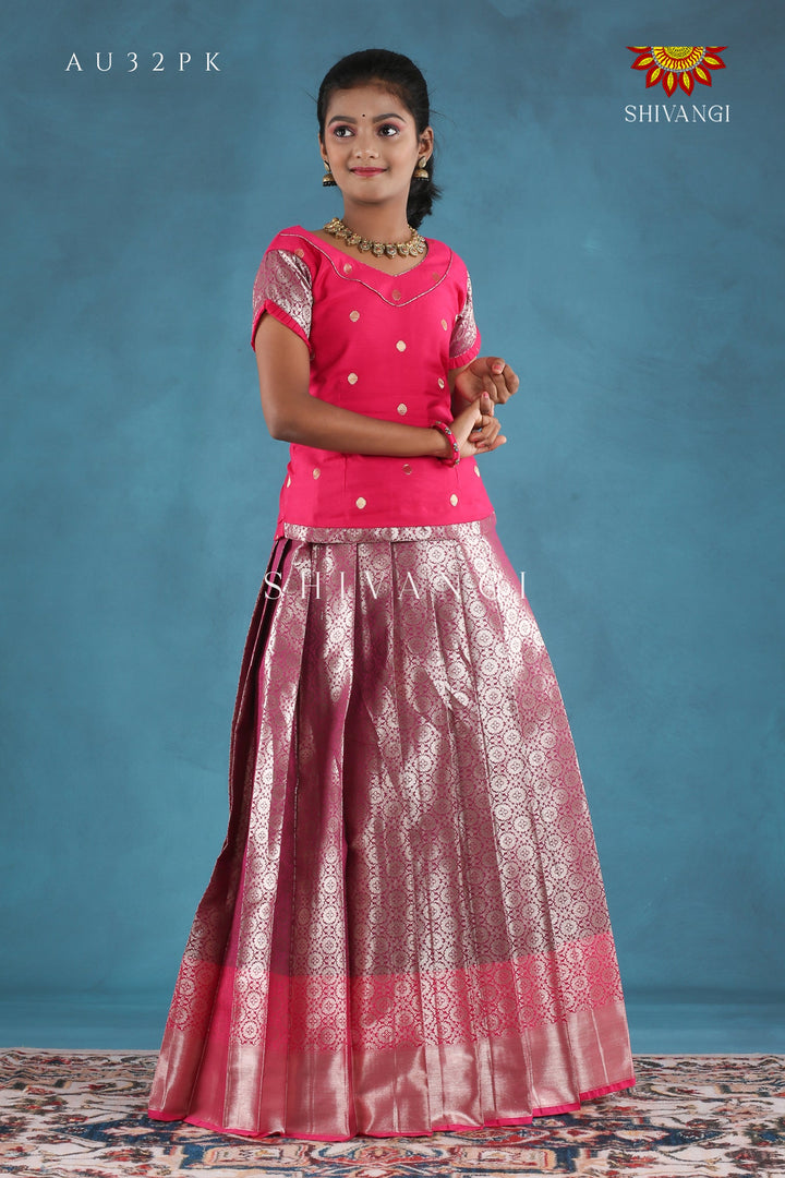 Pink Golden Aster Pattu Pavadai For Girls !!!