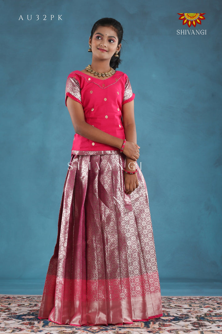 Pink Golden Aster Pattu Pavadai For Girls !!!