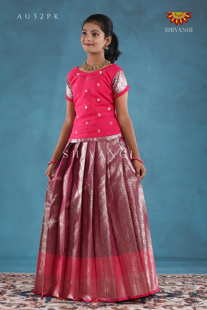 Pink Golden Aster Pattu Pavadai For Girls !!!
