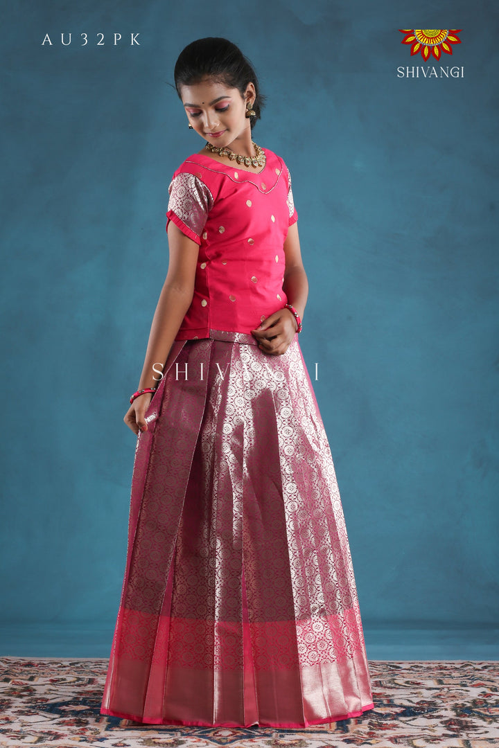 Pink Golden Aster Pattu Pavadai For Girls !!!