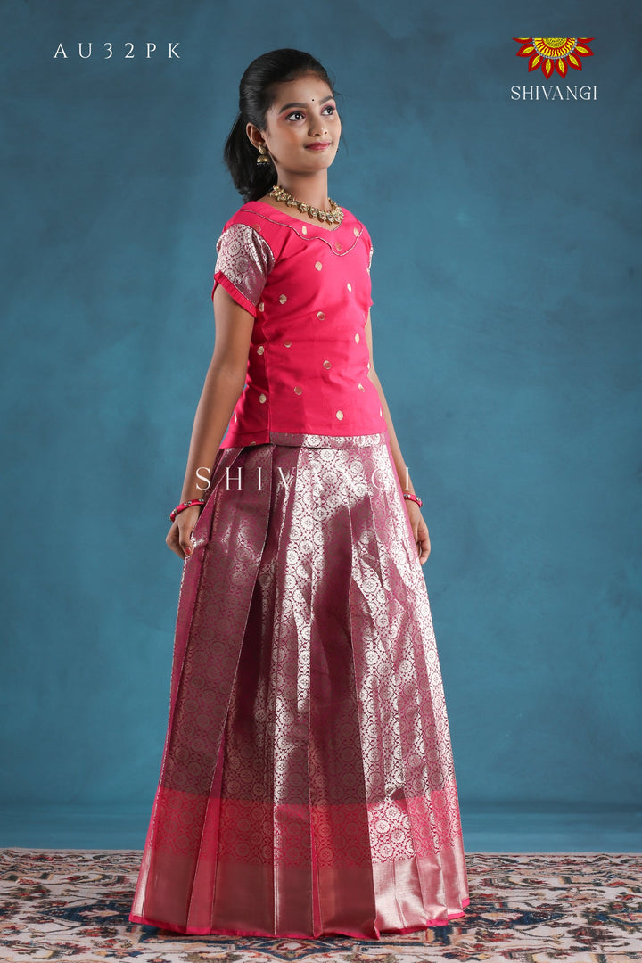 Pink Golden Aster Pattu Pavadai For Girls !!!