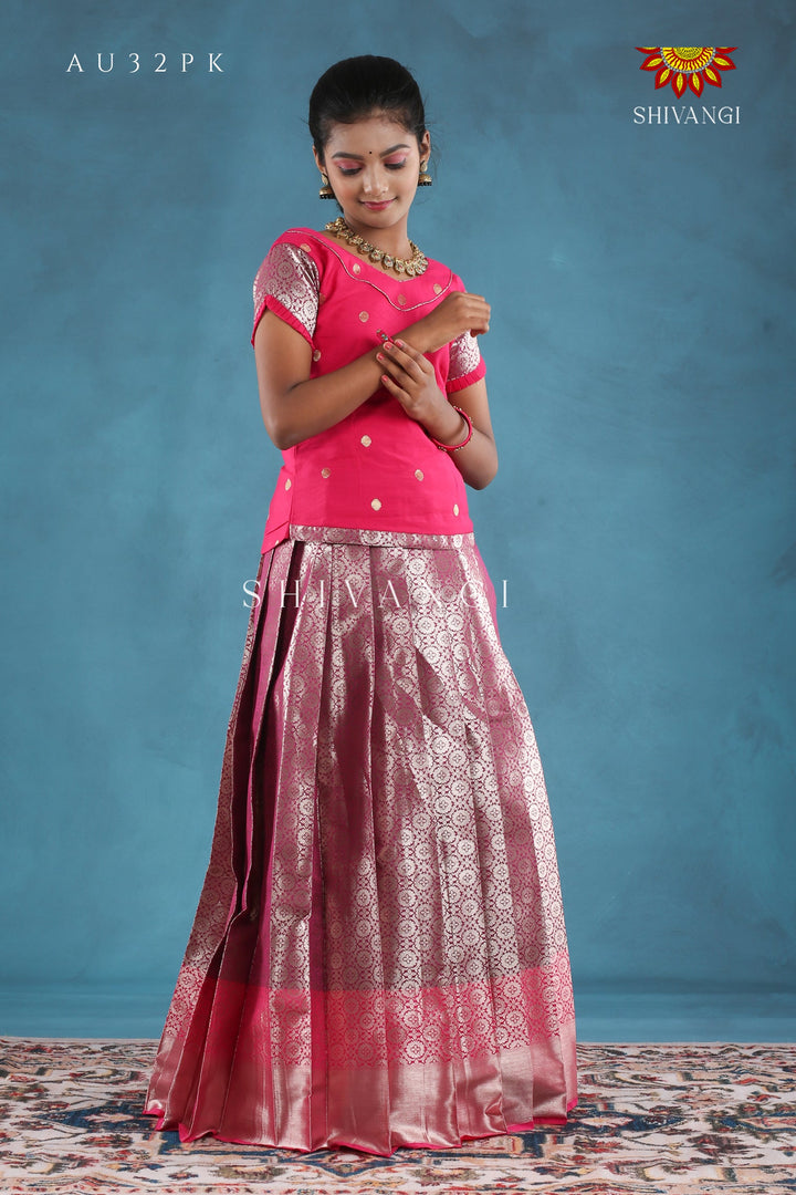 Pink Golden Aster Pattu Pavadai For Girls !!!