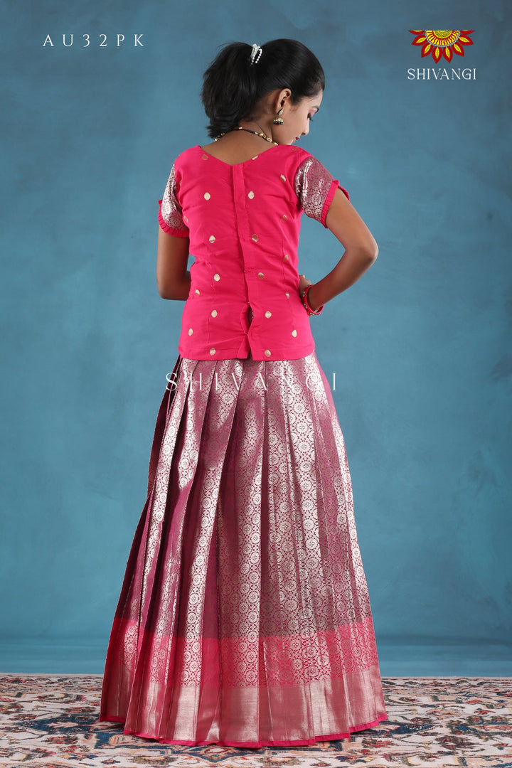 Pink Golden Aster Pattu Pavadai For Girls !!!