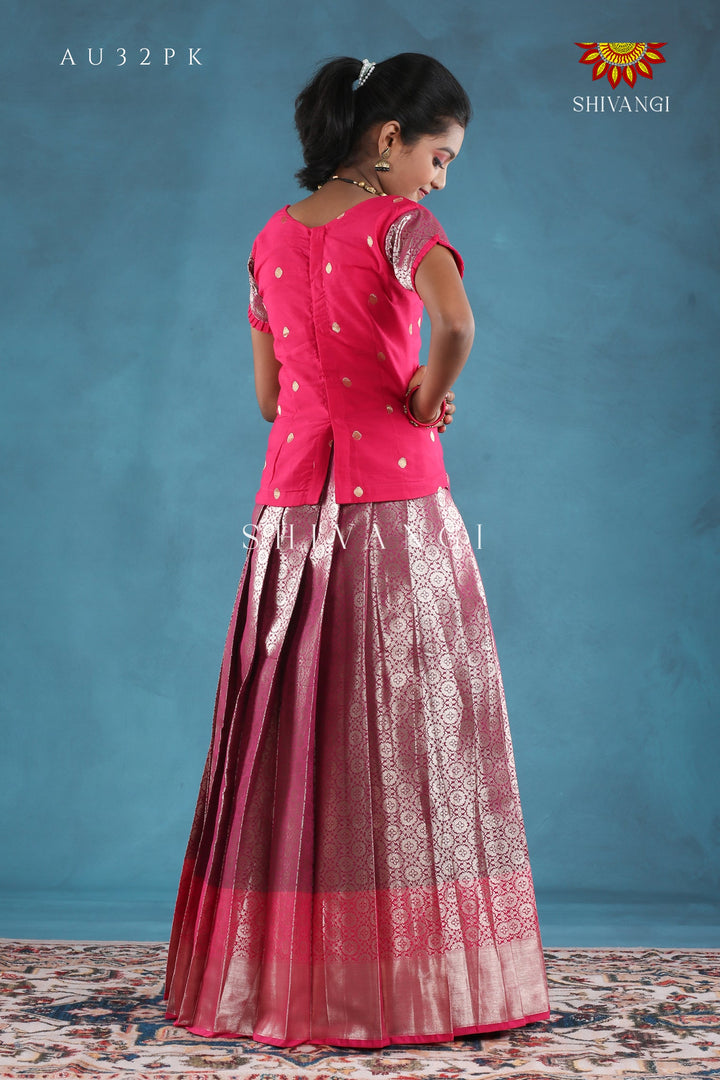 Pink Golden Aster Pattu Pavadai For Girls !!!