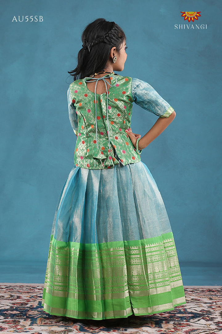 Sky Blue Silver Pine Pattu Pavadai For Girls - Festive Wear!!!