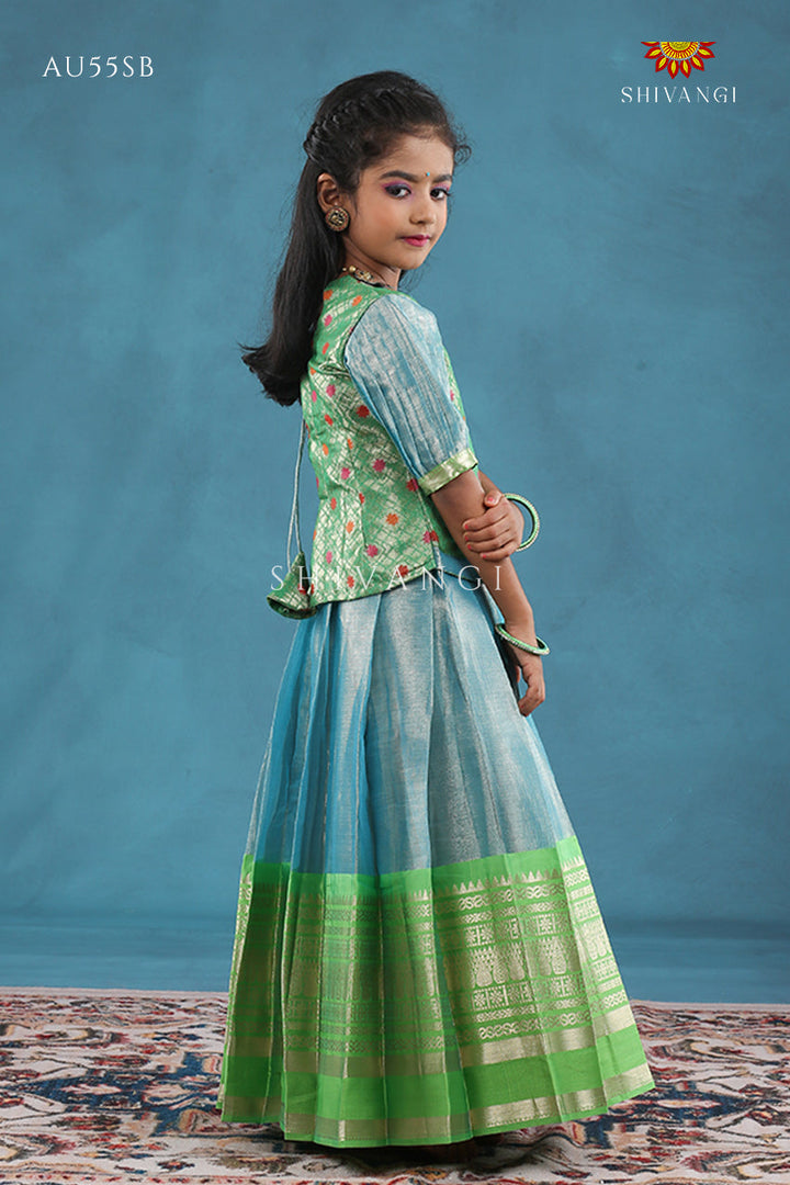 Sky Blue Silver Pine Pattu Pavadai For Girls - Festive Wear!!!