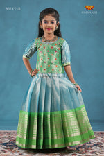 Sky Blue Silver Pine Pattu Pavadai For Girls - Festive Wear!!!