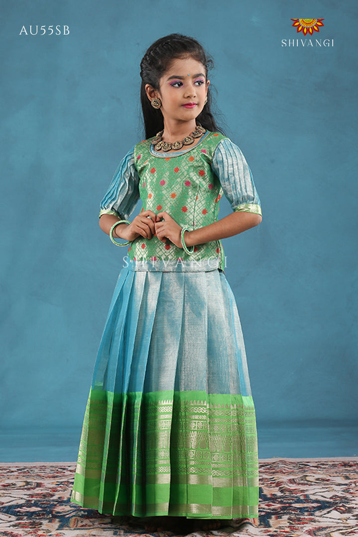 Sky Blue Silver Pine Pattu Pavadai For Girls - Festive Wear!!!
