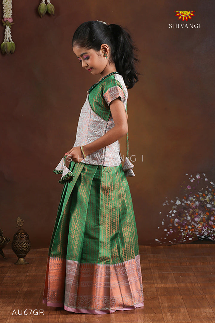 Green Copper Silk Pattu Pavadai For Girls - Festive Wear!!!