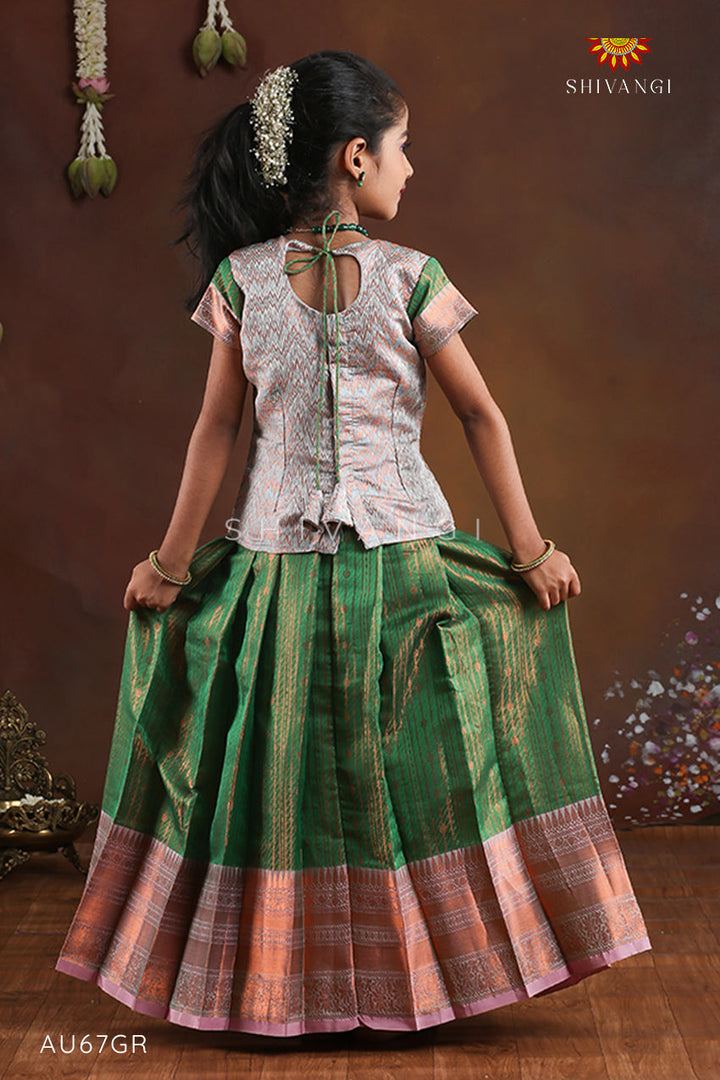 Green Copper Silk Pattu Pavadai For Girls - Festive Wear!!!