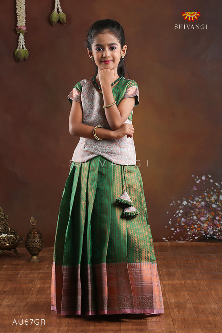Green Copper Silk Pattu Pavadai For Girls - Festive Wear!!!