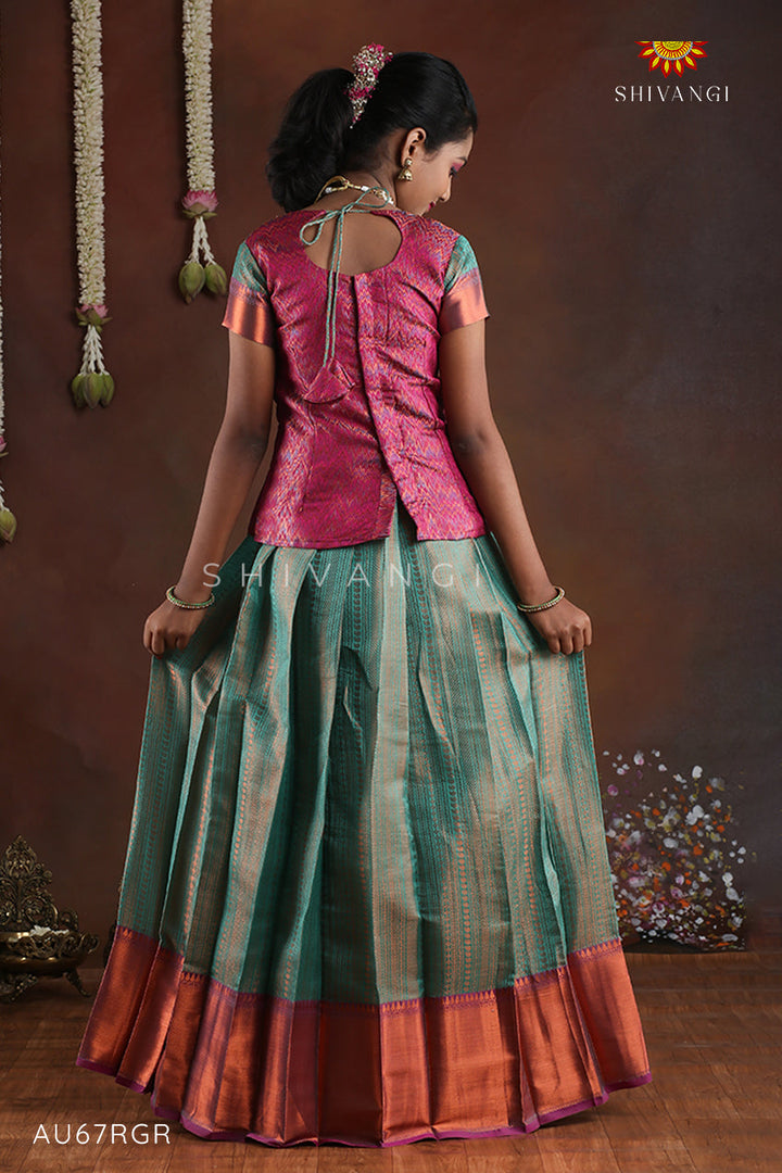Ramer Green Copper Silk Pattu Pavadai For Girls - Festive Wear!!!