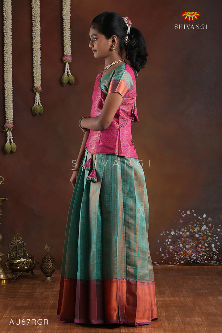 Ramer Green Copper Silk Pattu Pavadai For Girls - Festive Wear!!!