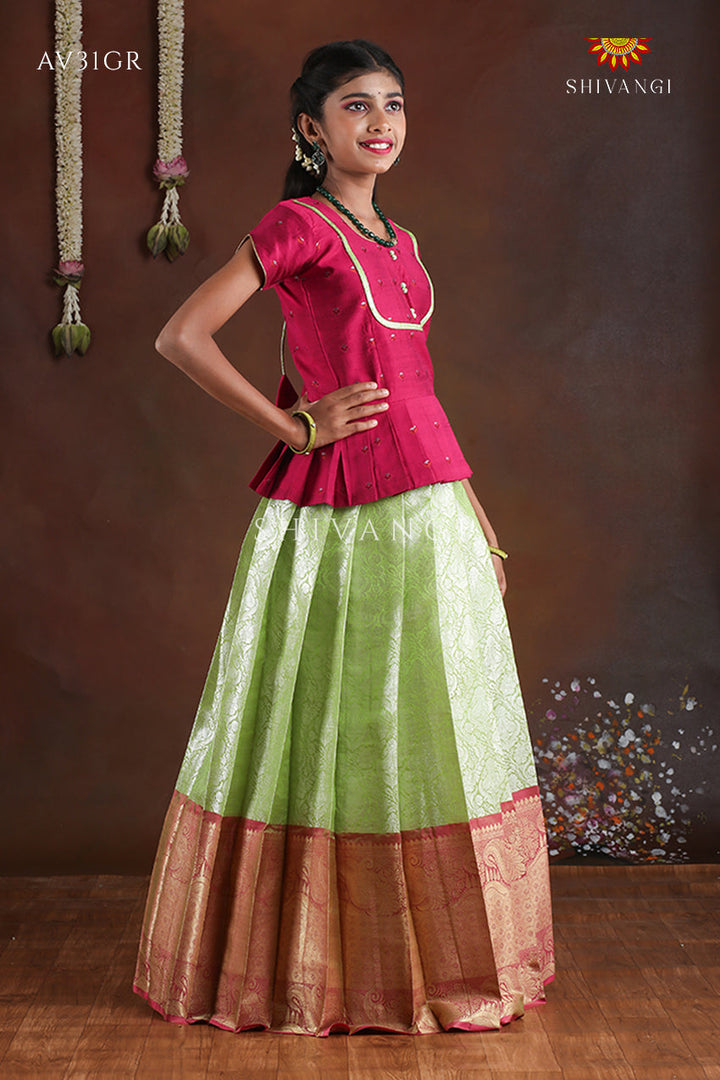 Green Paisley Peacock Pattu Pavadai For Girls - Festive Wear!!!