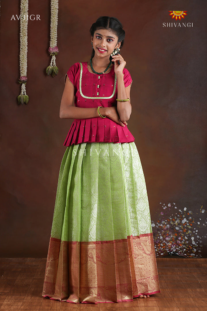 Green Paisley Peacock Pattu Pavadai For Girls - Festive Wear!!!