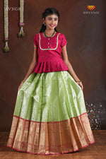 Green Paisley Peacock Pattu Pavadai For Girls - Festive Wear!!!