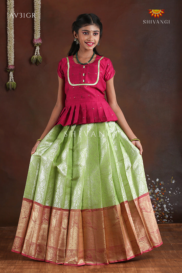 Green Paisley Peacock Pattu Pavadai For Girls - Festive Wear!!!