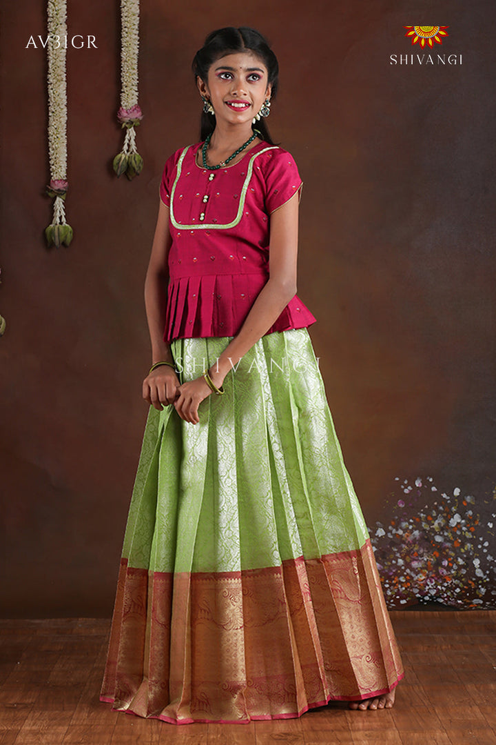 Green Paisley Peacock Pattu Pavadai For Girls - Festive Wear!!!
