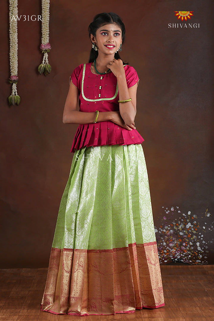 Green Paisley Peacock Pattu Pavadai For Girls - Festive Wear!!!