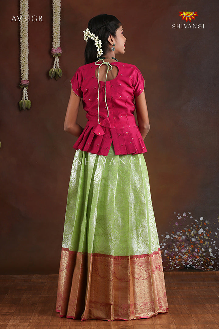 Green Paisley Peacock Pattu Pavadai For Girls - Festive Wear!!!