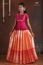 Orange Paisley Peacock Pattu Pavadai For Girls - Festive Wear!!!