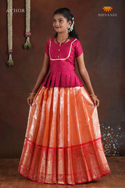 Orange Paisley Peacock Pattu Pavadai For Girls - Festive Wear!!!