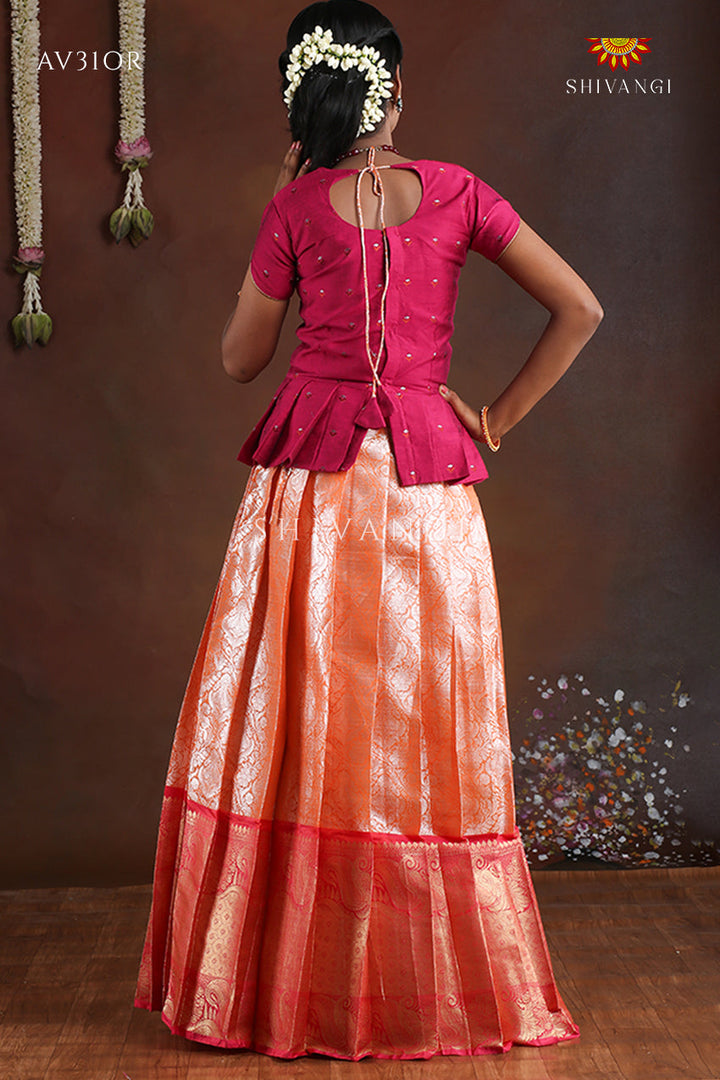 Orange Paisley Peacock Pattu Pavadai For Girls - Festive Wear!!!