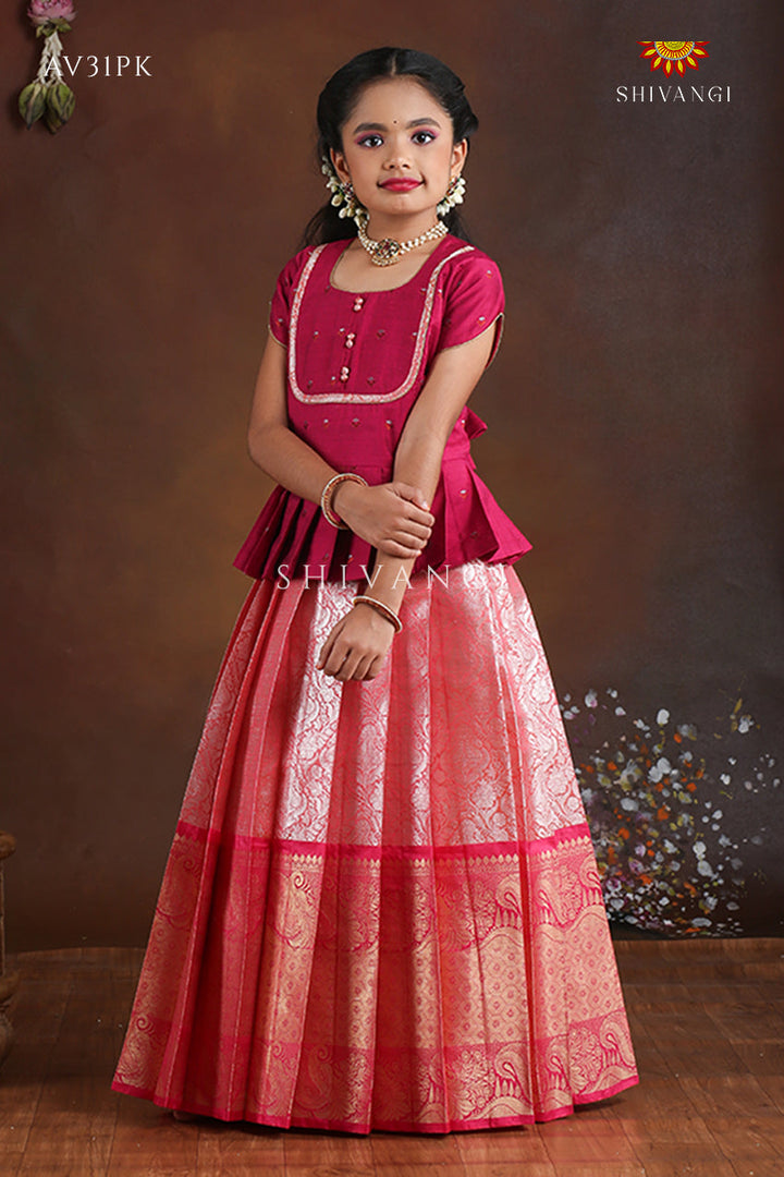Pink Paisley Peacock Pattu Pavadai For Girls - Festive Wear!!!