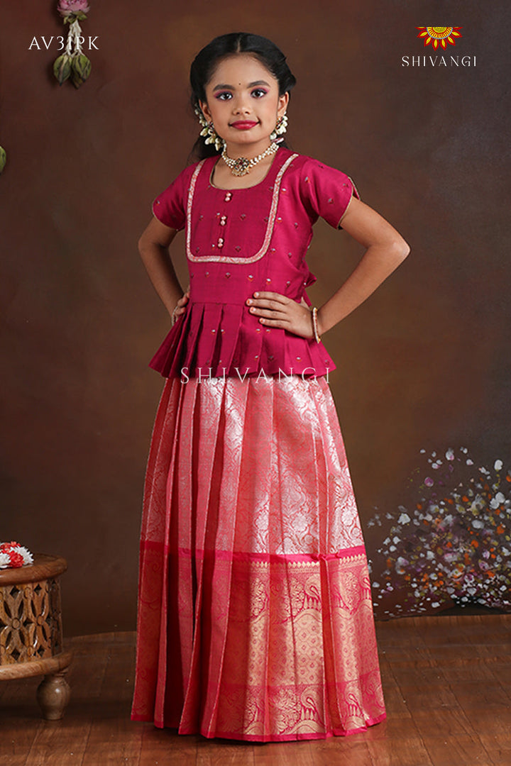 Pink Paisley Peacock Pattu Pavadai For Girls - Festive Wear!!!
