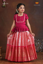 Pink Paisley Peacock Pattu Pavadai For Girls - Festive Wear!!!