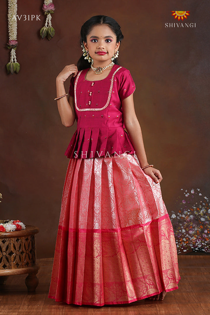 Pink Paisley Peacock Pattu Pavadai For Girls - Festive Wear!!!