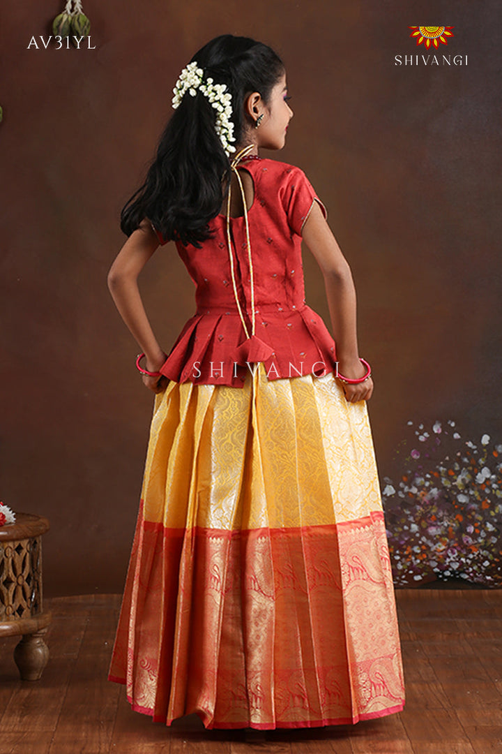 Yellow Paisley Peacock Pattu Pavadai For Girls - Festive Wear!!!