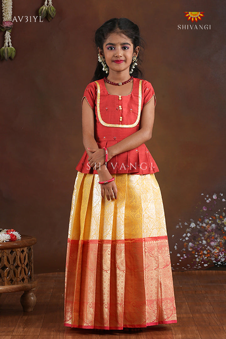 Yellow Paisley Peacock Pattu Pavadai For Girls - Festive Wear!!!