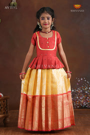 Yellow Paisley Peacock Pattu Pavadai For Girls - Festive Wear!!!