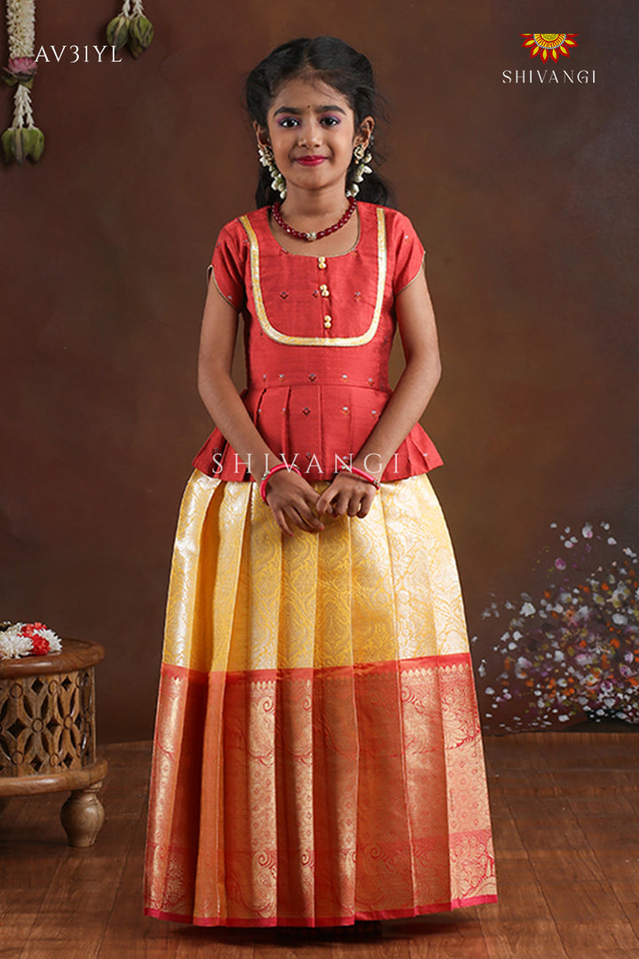 Yellow Paisley Peacock Pattu Pavadai For Girls - Festive Wear!!!