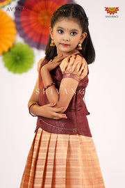 Girls Brown Golden Rail  Pattu Pavadai - Festive Wear