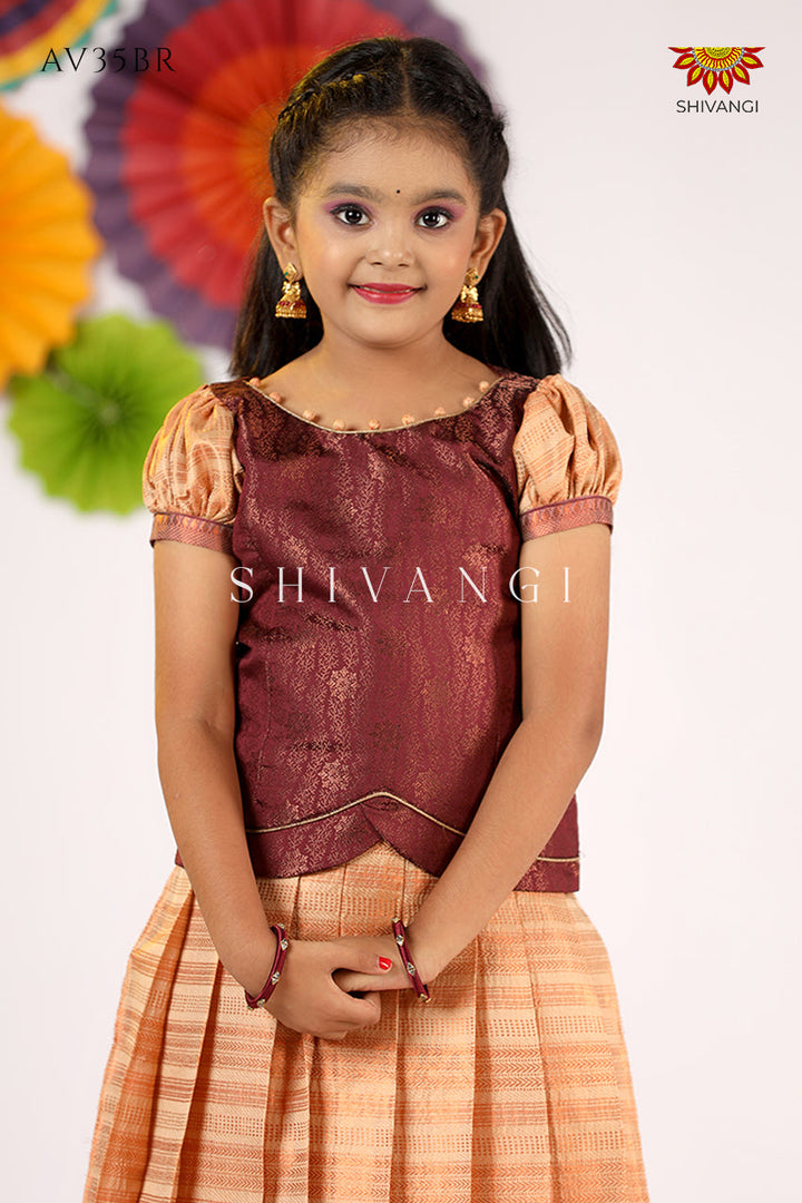 Girls Brown Golden Rail  Pattu Pavadai - Festive Wear