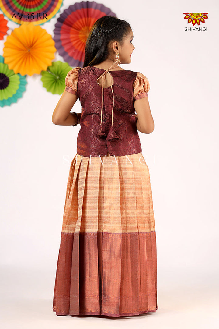 Girls Brown Golden Rail  Pattu Pavadai - Festive Wear