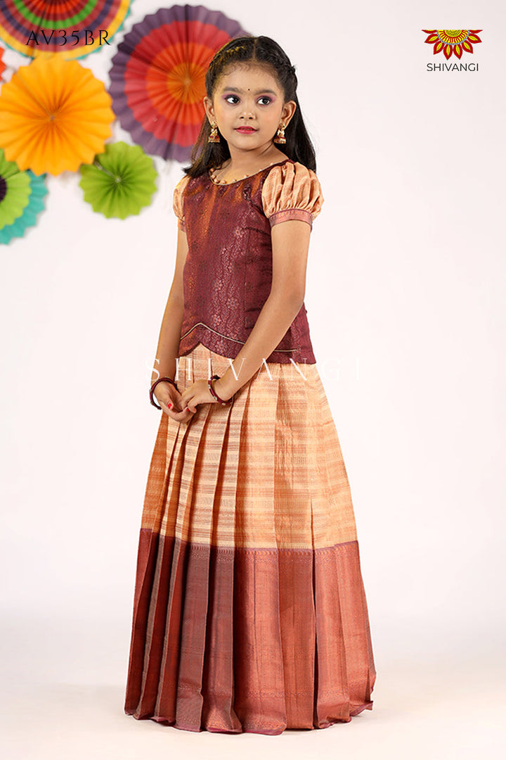 Girls Brown Golden Rail  Pattu Pavadai - Festive Wear