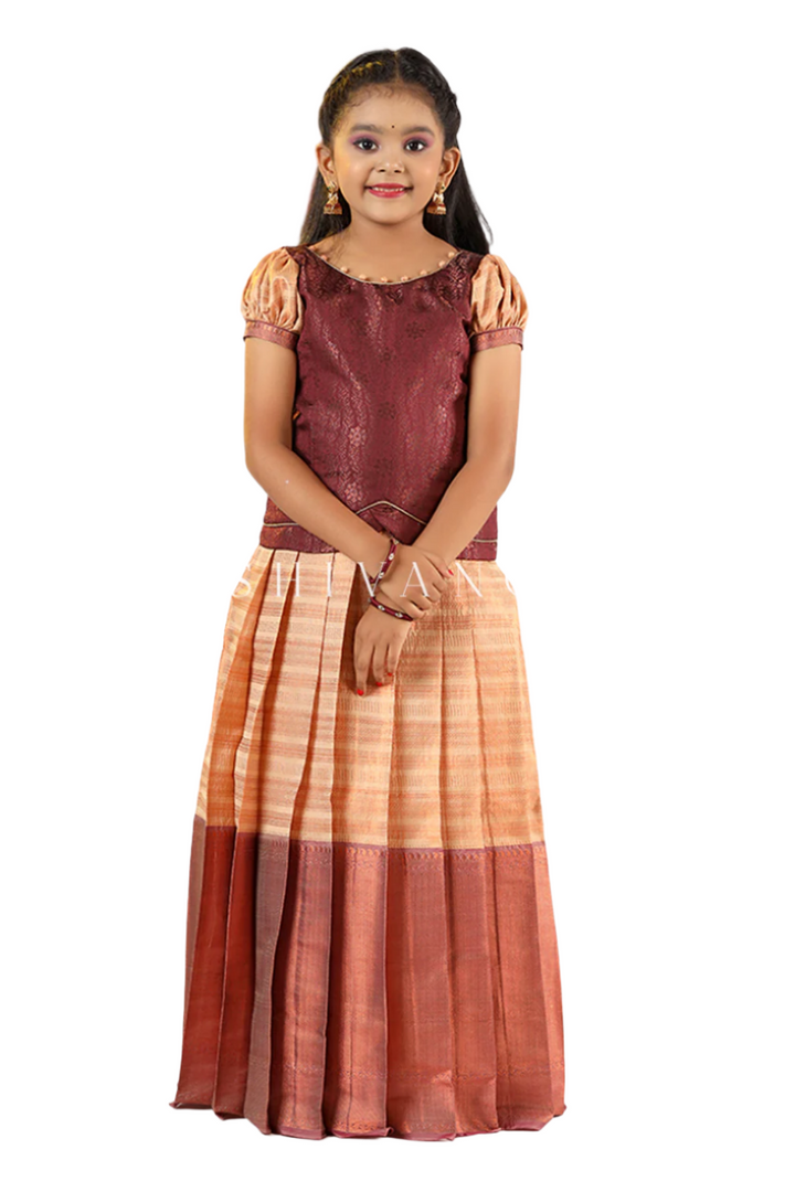 Girls Brown Golden Rail  Pattu Pavadai - Festive Wear