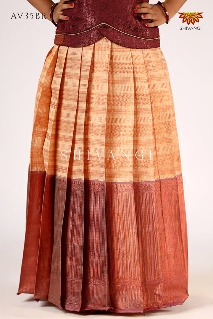 Girls Brown Golden Rail  Pattu Pavadai - Festive Wear