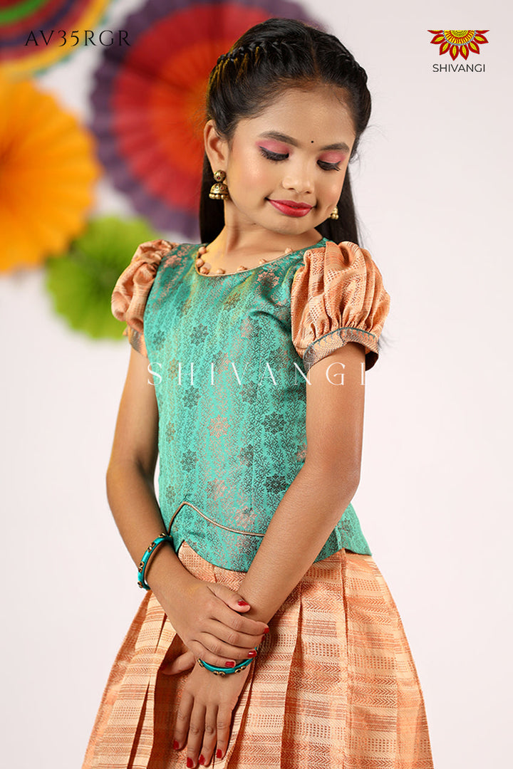 Girls Teal Green Golden Rail  Pattu Pavadai - Festive Wear