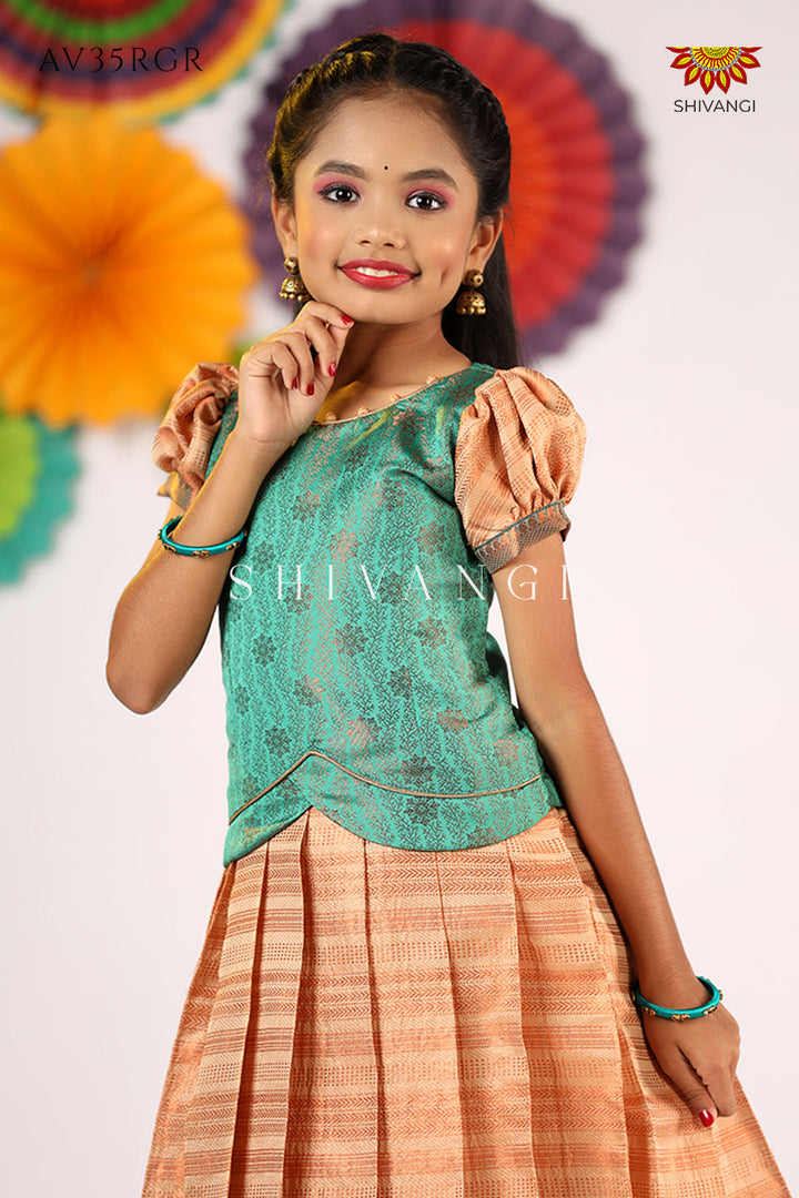 Girls Teal Green Golden Rail  Pattu Pavadai - Festive Wear