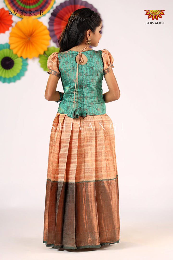 Girls Teal Green Golden Rail  Pattu Pavadai - Festive Wear
