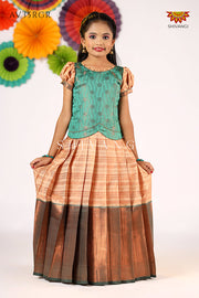 Girls Teal Green Golden Rail  Pattu Pavadai - Festive Wear